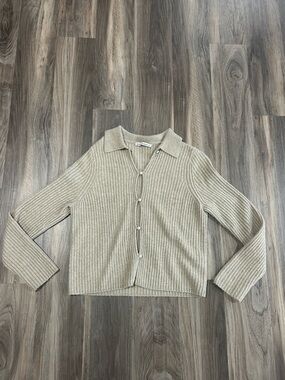 Ribbed Button-Up Knit Cardigan in Beige